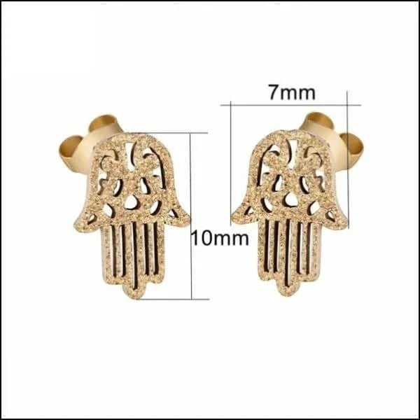 Goudkleurige Hamsa Oorstekers RVS – Handje van Fatima – Mat Sandblasted (10x7mm)