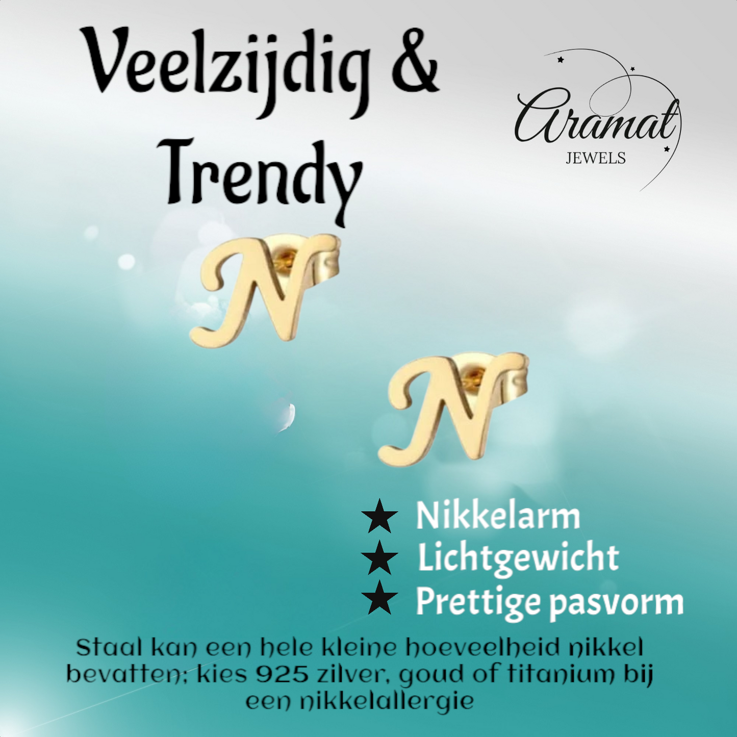 Boucles d'oreilles puces en acier inoxydable en forme de lettre N, couleur or