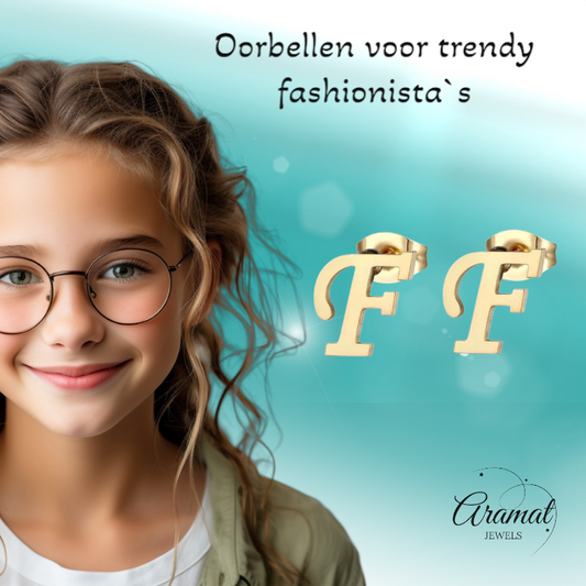 Boucles d'oreilles en acier inoxydable doré, lettre F