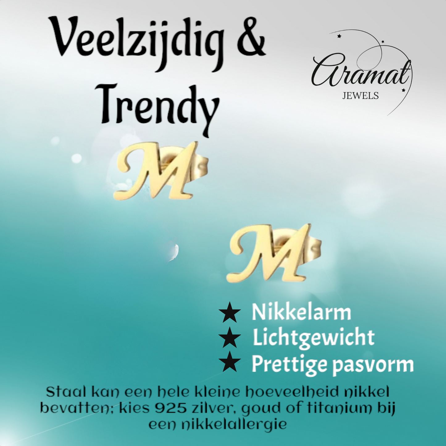 RVS letter M oorstekers goudkleurig