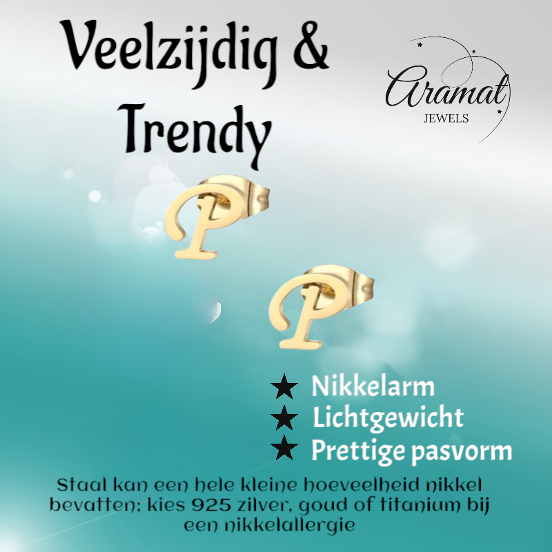 RVS Oorbellen Letter P – Goudkleurig – 10 mm