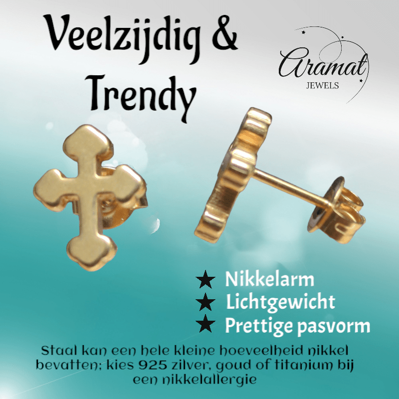 Stalen Oorbellen kruisje – Goudkleur – 11x9mm - Aramat Jewels - Oorbellen - cadeautip