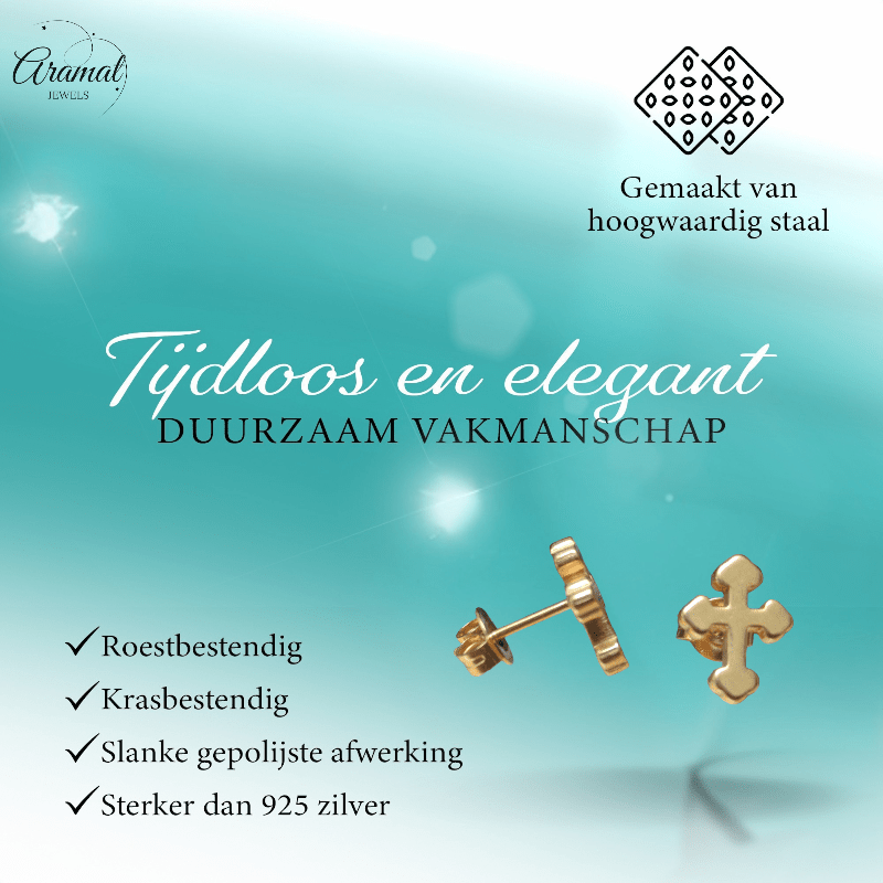 Stalen Oorbellen kruisje – Goudkleur – 11x9mm - Aramat Jewels - Oorbellen - cadeautip