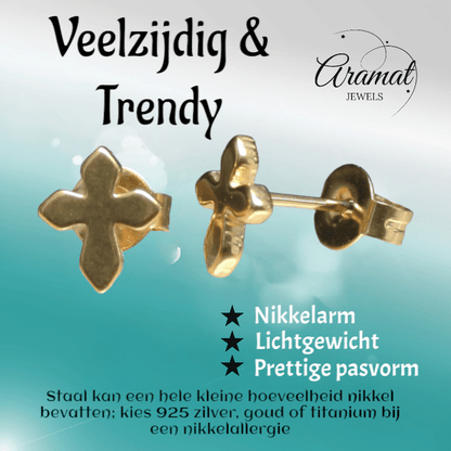 Stalen Oorbellen kruisje – Goudkleur – 8x7mm - Aramat Jewels - Oorbellen - cadeautip