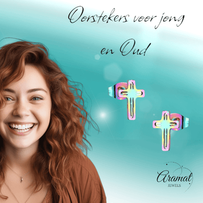 Stalen Oorbellen kruisje – Multikleur – 10x7mm - Aramat Jewels - Oorbellen - cadeautip