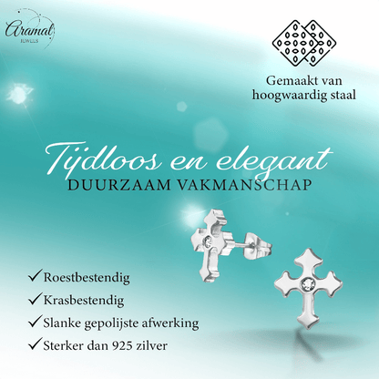 Stalen Oorbellen met kruisje met klein steentje – Zilverkleur – 12x10mm - oor3343 - 30176 - Oorbellen kopen# - 12mm - alles - cadeau