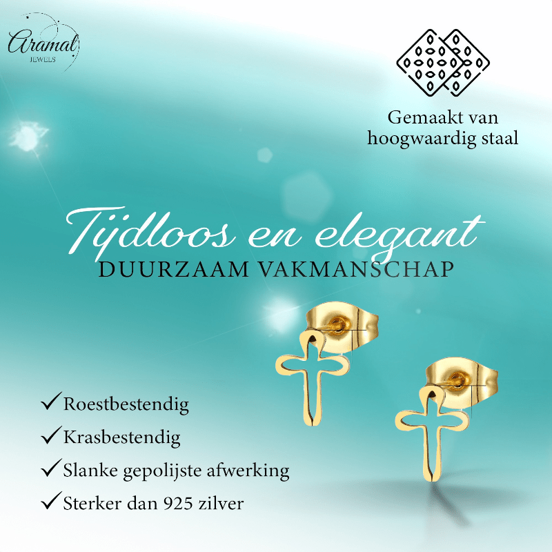 Stalen Oorbellen met open kruisje – Goudkleur – 10x8mm - Aramat Jewels - Oorbellen - cadeautip