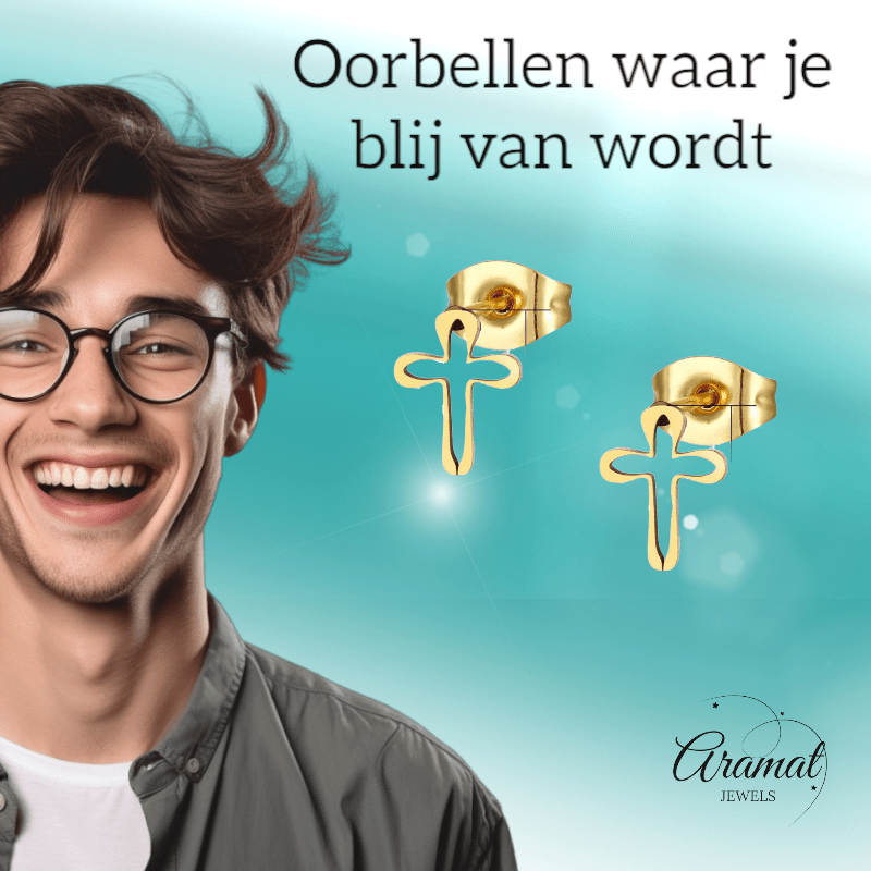 Stalen Oorbellen met open kruisje – Goudkleur – 10x8mm - Aramat Jewels - Oorbellen - cadeautip