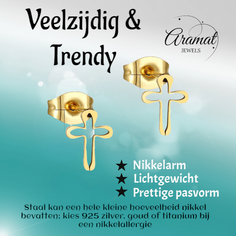 Stalen Oorbellen met open kruisje – Goudkleur – 10x8mm - Aramat Jewels - Oorbellen - cadeautip