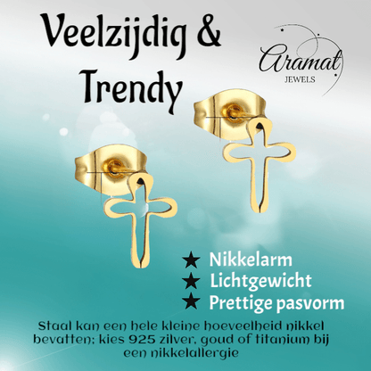 Stalen Oorbellen met open kruisje – Goudkleur – 10x8mm - Aramat Jewels - Oorbellen - cadeautip