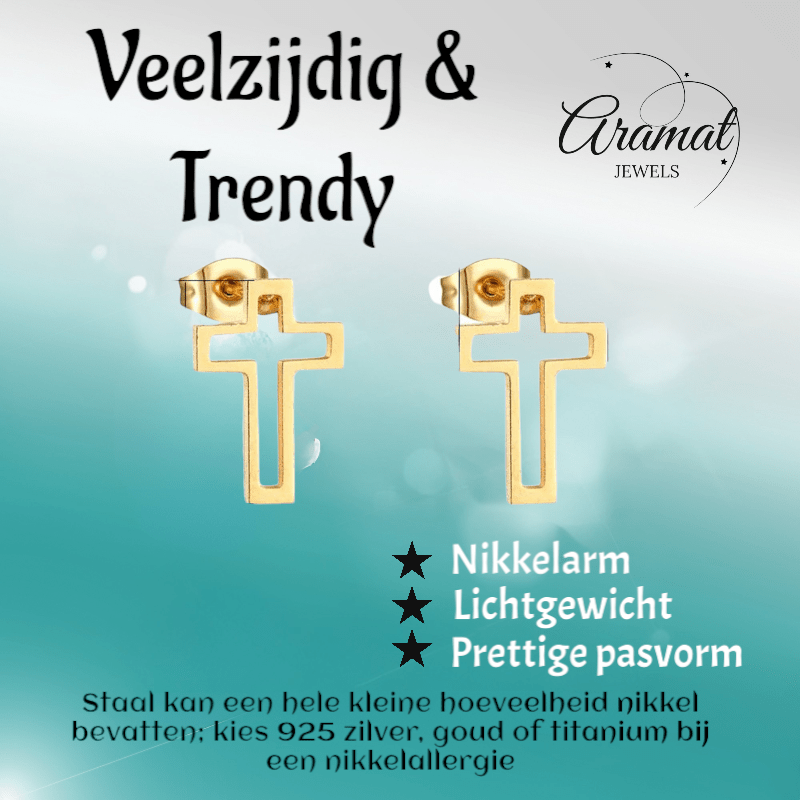 Stalen Oorbellen met opengewerkt kruisje – Goudkleur – 10x7mm - Aramat Jewels - Oorbellen - cadeautip