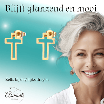 Stalen Oorbellen met opengewerkt kruisje – Goudkleur – 10x7mm - Aramat Jewels - Oorbellen - cadeautip