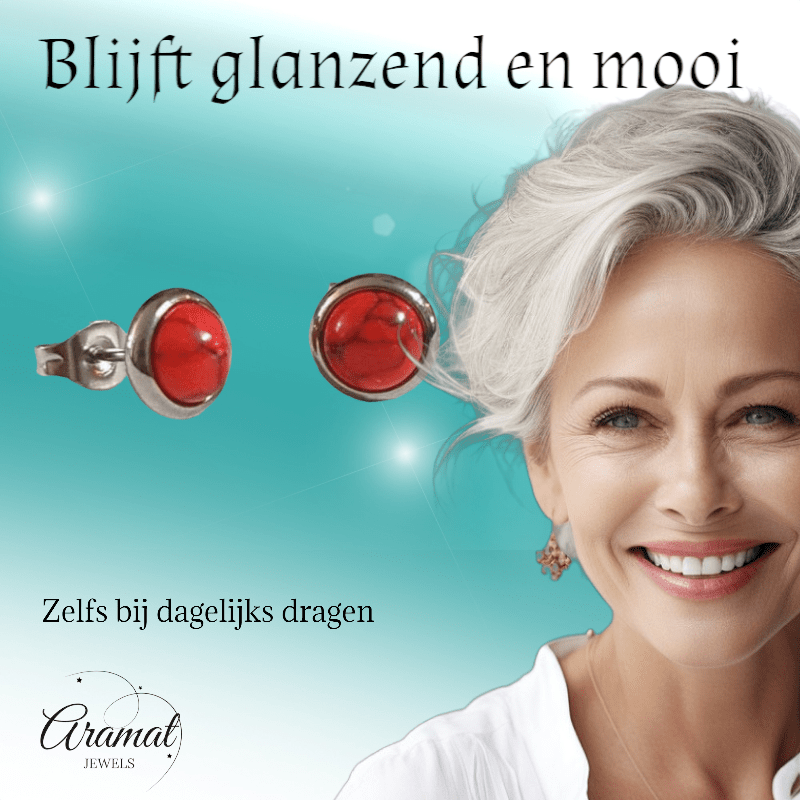 Stalen oorbellen rood gemarmerd 8mm zilverkleur - oor3069 - Oorbellen kopen# - 8mm - alles - cadeau