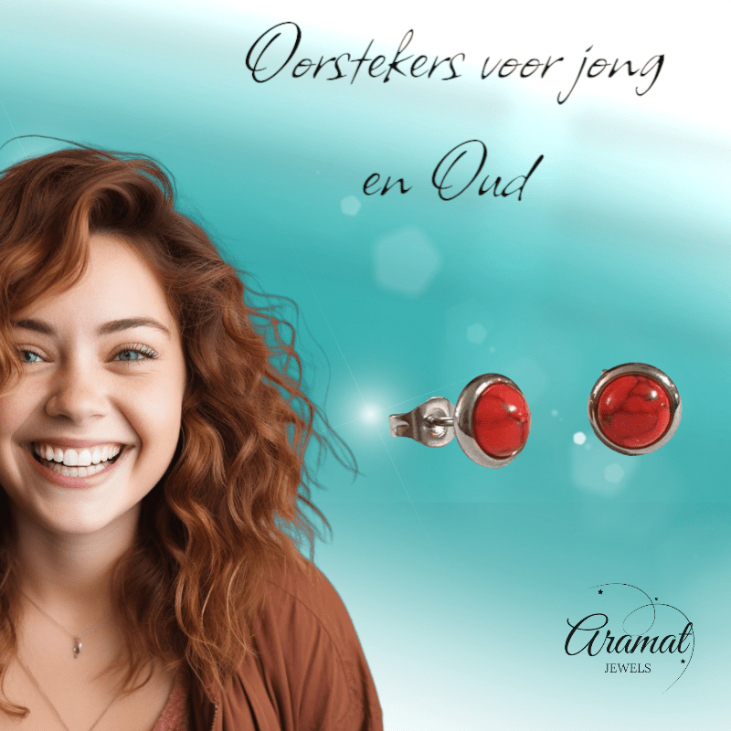 Stalen oorbellen rood gemarmerd 8mm zilverkleur - oor3069 - Oorbellen kopen# - 8mm - alles - cadeau