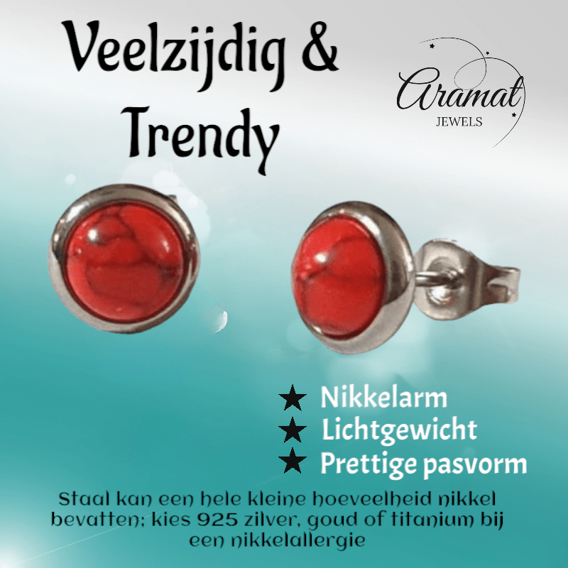 Stalen oorbellen rood gemarmerd 8mm zilverkleur - oor3069 - Oorbellen kopen# - 8mm - alles - cadeau