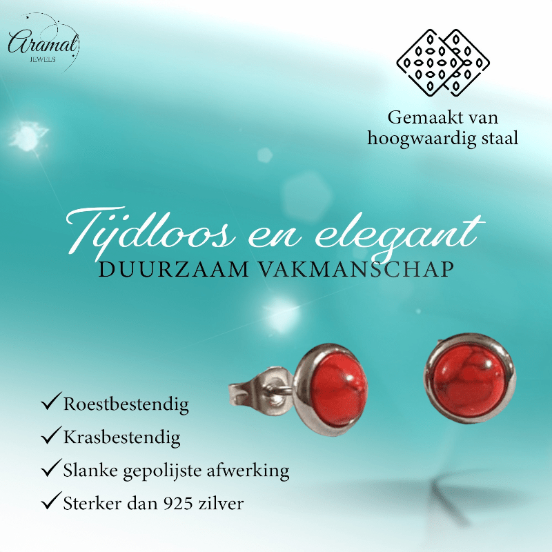 Stalen oorbellen rood gemarmerd 8mm zilverkleur - oor3069 - Oorbellen kopen# - 8mm - alles - cadeau