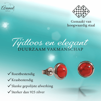 Stalen oorbellen rood gemarmerd 8mm zilverkleur - oor3069 - Oorbellen kopen# - 8mm - alles - cadeau