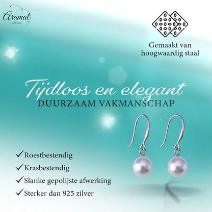 Stalen Oorhangers witte parel 8mm - Aramat Jewels - Oorhangers - cadeautip