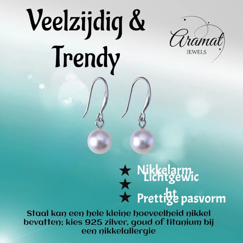 Stalen Oorhangers witte parel 8mm - Aramat Jewels - Oorhangers - cadeautip