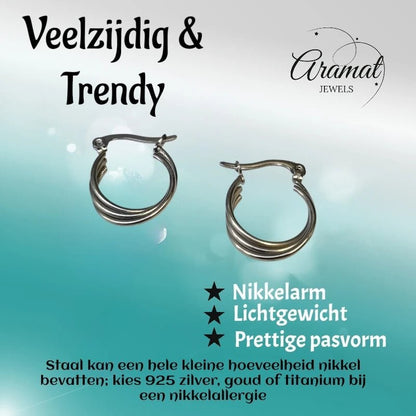 Stalen Oorringen met Triple Hoop Design (16 mm) - Aramat Jewels - Oorringen - cadeautip