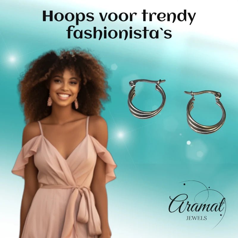 Stalen Oorringen met Triple Hoop Design (16 mm) - Aramat Jewels - Oorringen - cadeautip