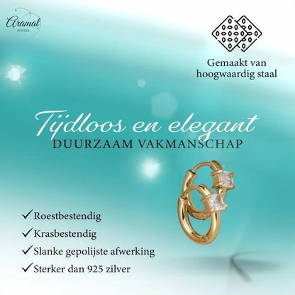 Gouden oorbellen met vierkante edelstenen.