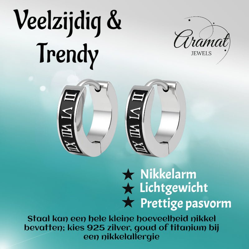 Stalen Oorringen Romeinse Cijfers 14x4mm - Aramat Jewels - Oorringen - cadeautip