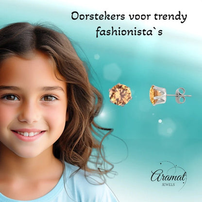Stalen Oorstekers met Champagne Zirkonia - Rond - Aramat Jewels - Oorbellen - cadeautip