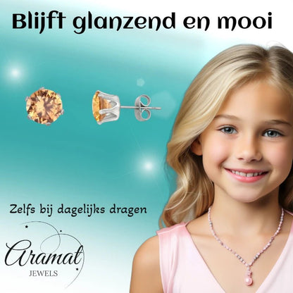 Stalen Oorstekers met Champagne Zirkonia - Rond - Aramat Jewels - Oorbellen - cadeautip