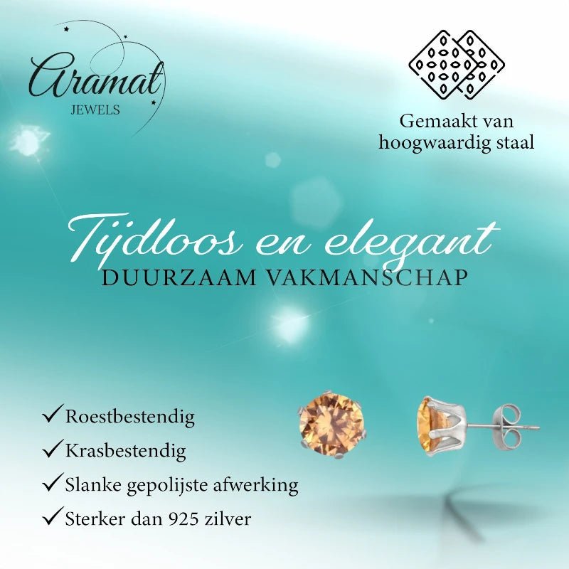 Stalen Oorstekers met Champagne Zirkonia - Rond - Aramat Jewels - Oorbellen - cadeautip