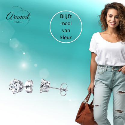 Stalen Oorstekers met Transparante Zirkonia - Rond - Aramat Jewels - Oorbellen - cadeautip