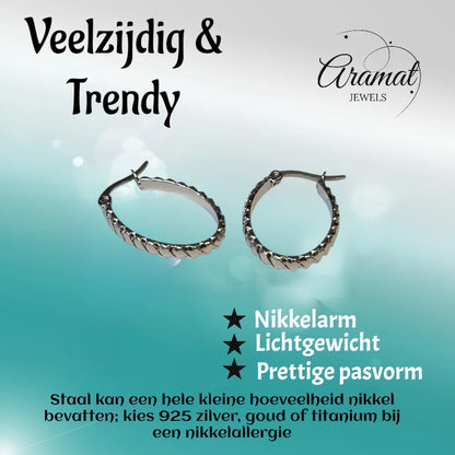 Oorringen – RVS Ovale Vorm met Schuine Streepjes (28mm)