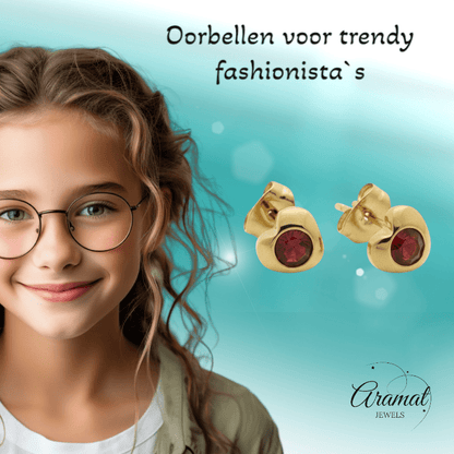 Stalen Rode Zirkonia Hart Oorbellen - Aramat Jewels - Oorbellen - cadeautip