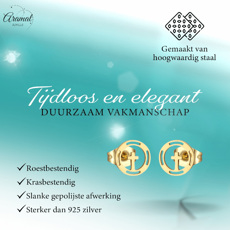 Stalen Ronde Kruis Oorbellen Goudkleur – 10mm - Aramat Jewels - Oorbellen - cadeautip