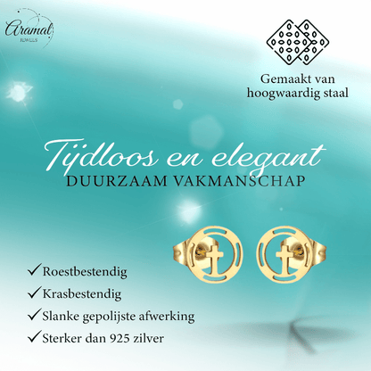 Stalen Ronde Kruis Oorbellen Goudkleur – 10mm - Aramat Jewels - Oorbellen - cadeautip
