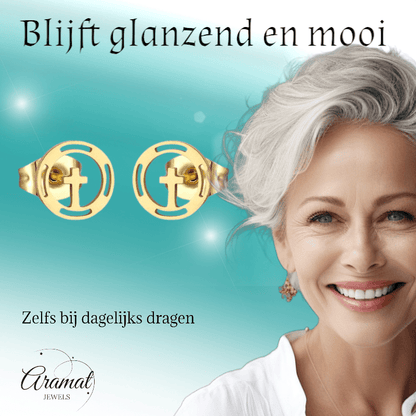 Stalen Ronde Kruis Oorbellen Goudkleur – 10mm - Aramat Jewels - Oorbellen - cadeautip