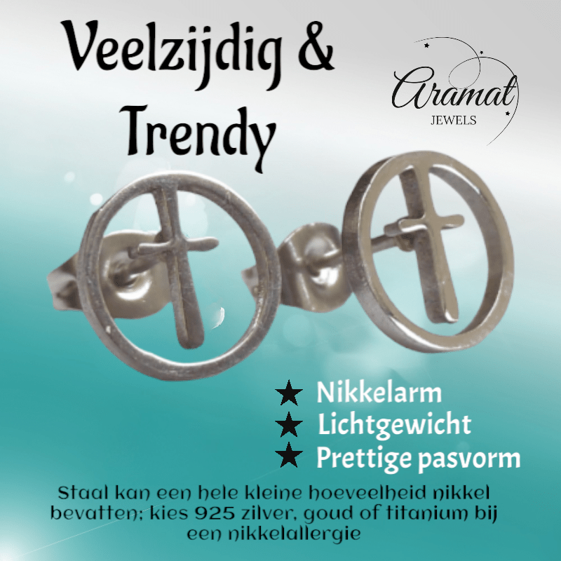 Stalen ronde oorbellen met kruisje – Zilverkleur – 10mm - oor1339 - XE76506 - Oorbellen kopen# - 10mm - alles - cadeau