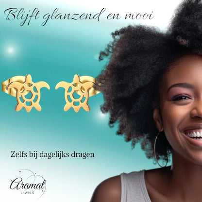 Stalen Schildpad Oorbellen Meisje – Goudkleurig RVS – Dieren Oorstekers – 10x8mm – Oorbellen Kind - oor552 - Oorbellen kopen# - 10mm - alles - cadeau