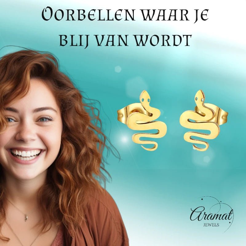 Stalen Slang Oorbellen – Goudkleurig RVS – 12x7mm – Dieren Oorstekers - oor2134 - Oorbellen kopen# - 12mm - alles - cadeau