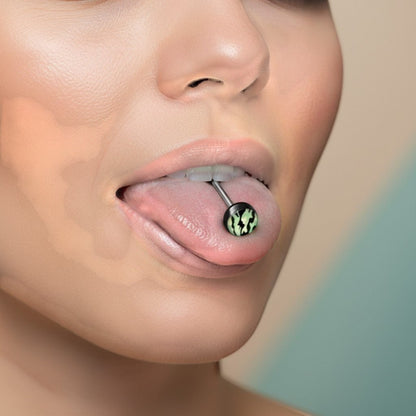 Aramat Jewels black tongue piercing with a camouflage print design on the bottom ball. Made of acrylic and surgical steel.