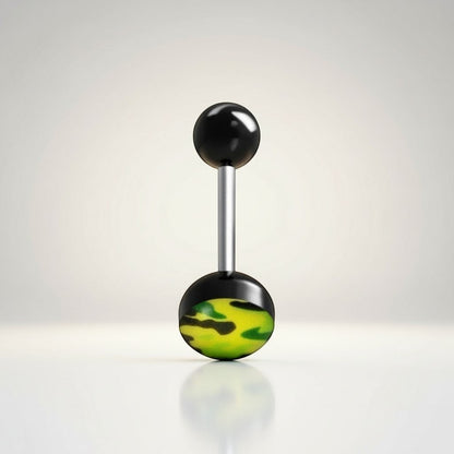 Aramat Jewels camouflage print tongue piercing with black acrylic balls and a steel bar.