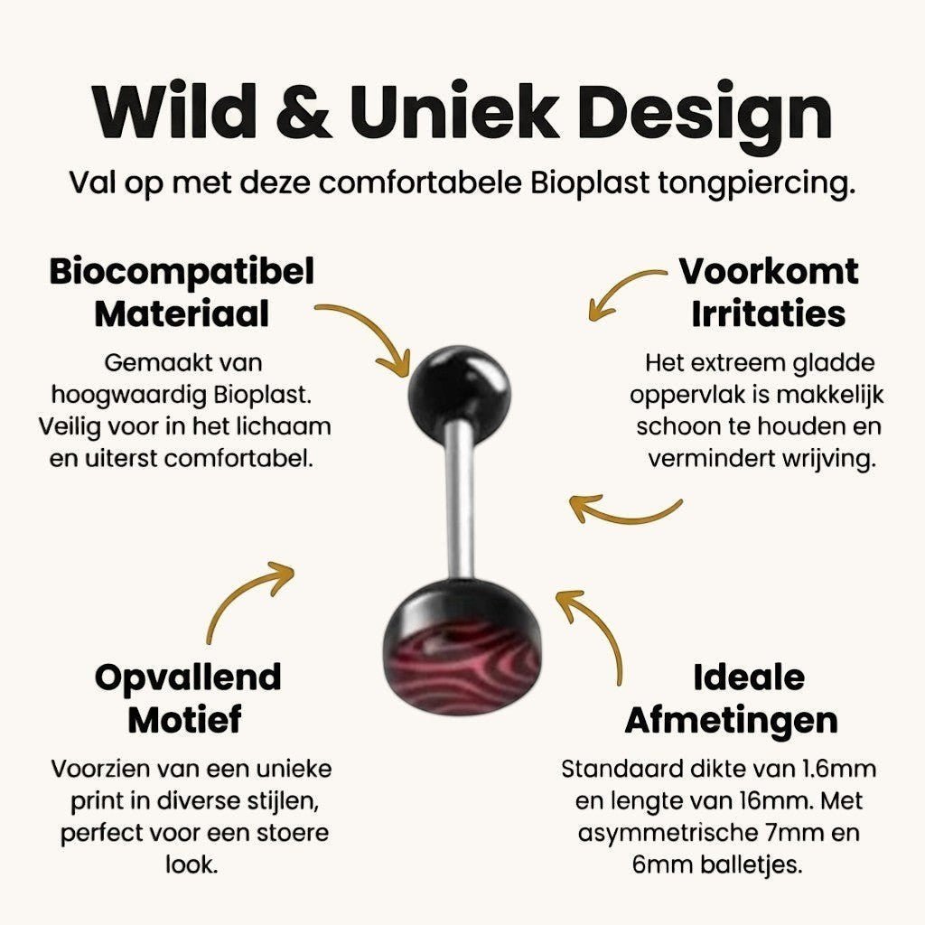 Een set van zes zwarte en rode tepelpluggen met zebraprint