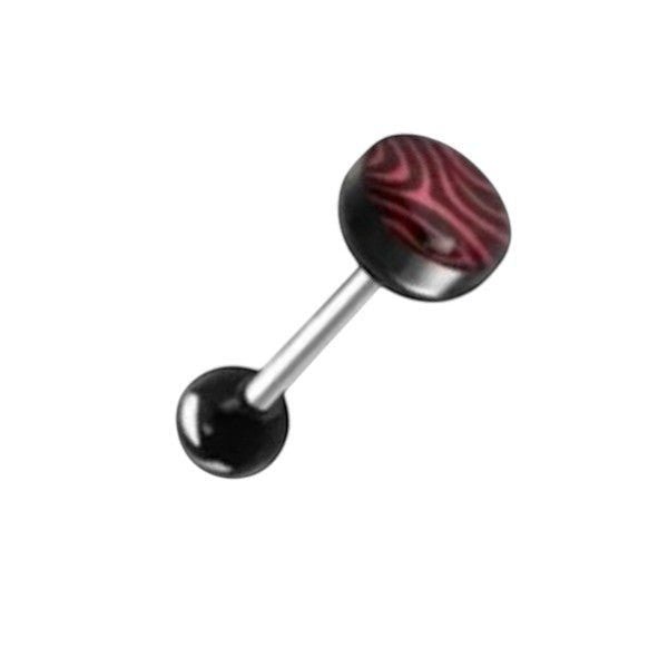 Aramat Jewels steel tongue piercing with black acrylic ball and red animal print acrylic ball.