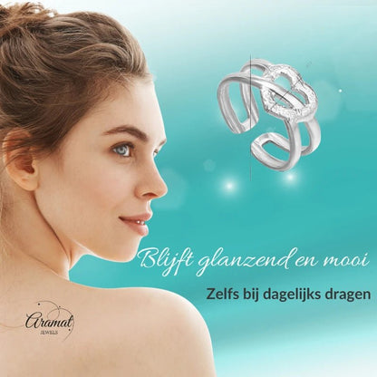 Stalen Verstelbare Open Ring - Bewerkt Hartje - One Size - ring259 - 80115 - Ringen kopen