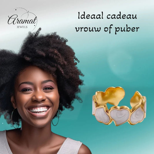 Stalen Verstelbare Open Ring - Hartjes & Parelmoer - One Size - ring285 - 73920 - Ringen kopen