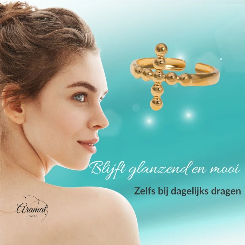 Stalen Verstelbare Open Ring - Kruis van Dots - One Size - ring293 - 161596 - Ringen kopen