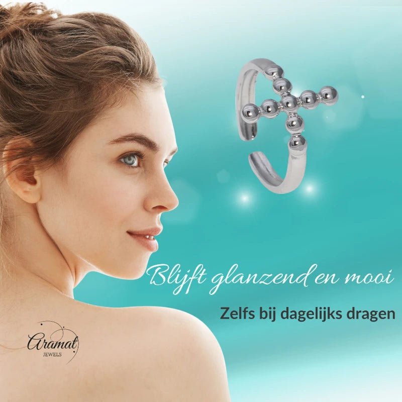 Stalen Verstelbare Open Ring - Kruis van Dots - One Size - ring300 - 161595 - Ringen kopen