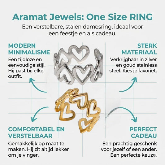 Stalen Verstelbare Open Ring - Open Hartjes - One Size - Aramat Jewels - Ringen - cadeautip