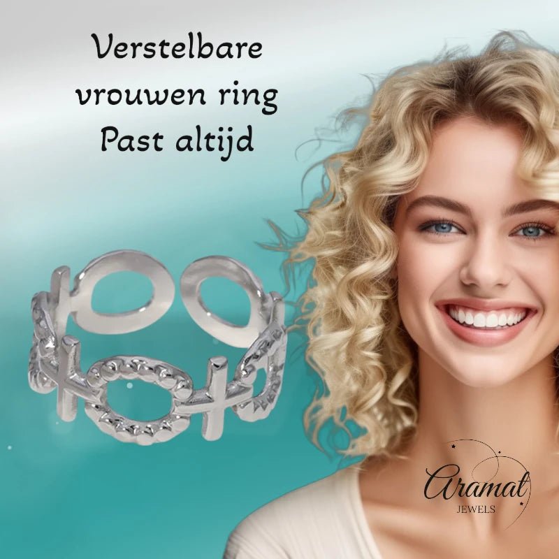 Stalen Verstelbare Open Ring - Schakel Motief & Dots - One Size - ring274 - 161594 - Ringen kopen