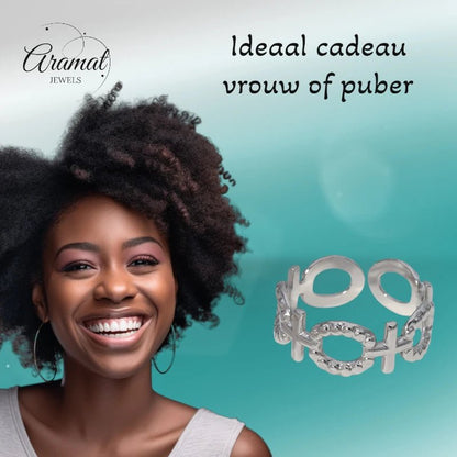 Stalen Verstelbare Open Ring - Schakel Motief & Dots - One Size - ring274 - 161594 - Ringen kopen